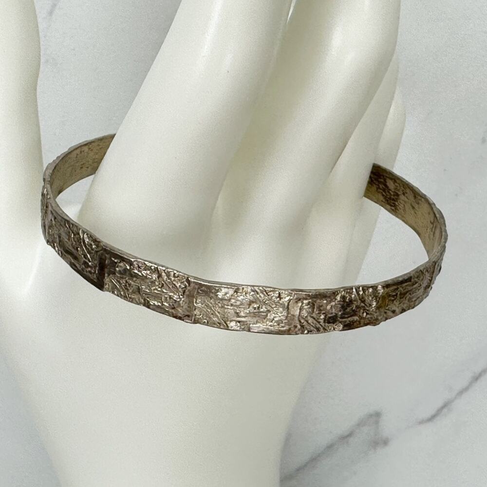 Vintage Mexico Silver Tone Organic Textured Panel Bangle Bracelet ✨